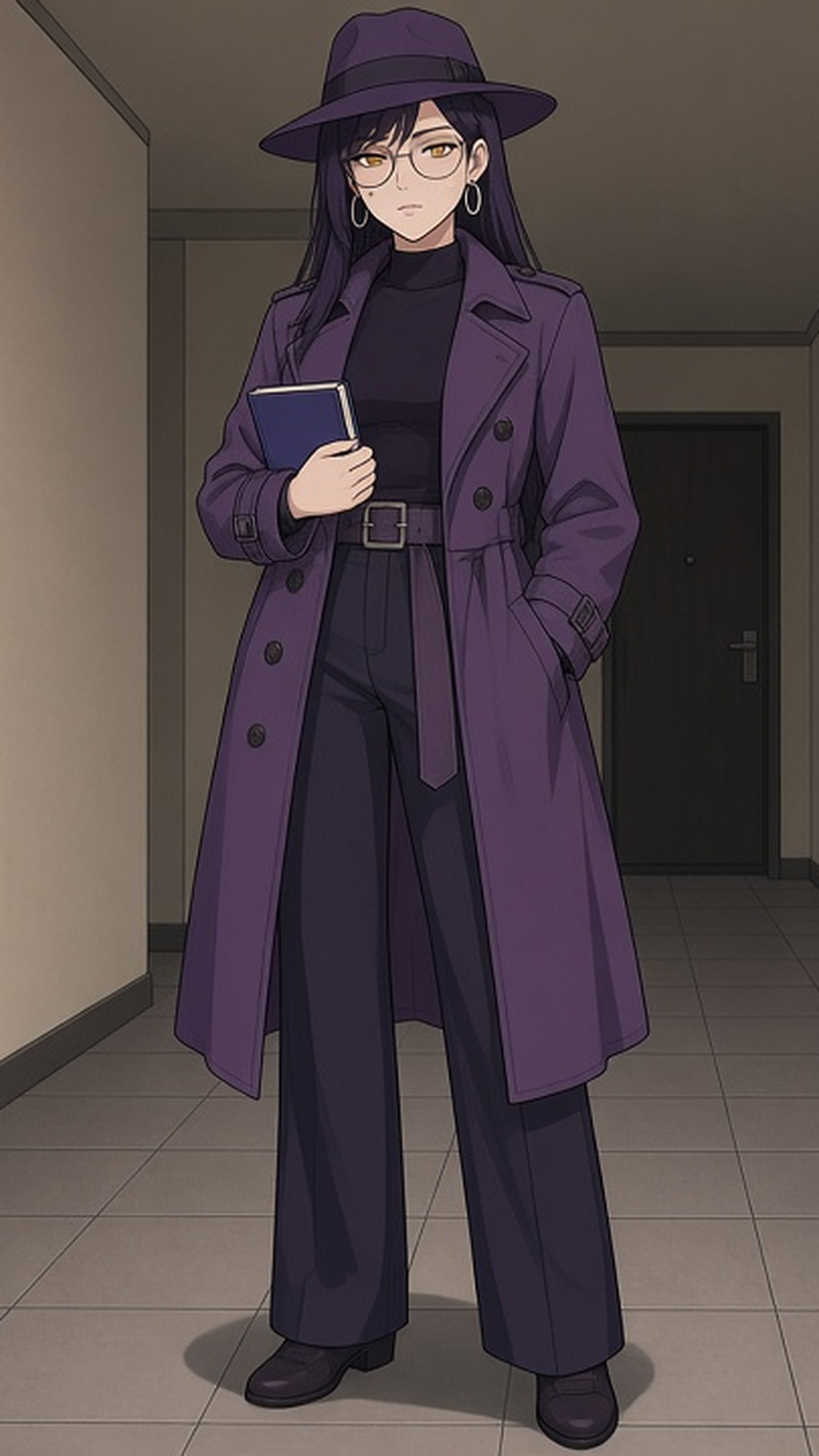 Anime-style illustration of Lyra, a fictional adult character with long plum-black hair and round glasses, in a purple trench coat and wide-brimmed hat, holding a dark indigo notebook in a hallway.